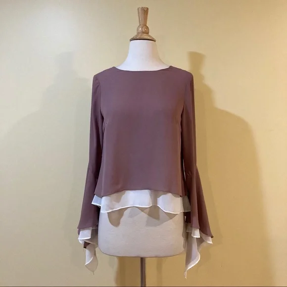 Crochet Lace Back Bell Sleeves Rose Chiffon Blouse - Picture 5 of 8